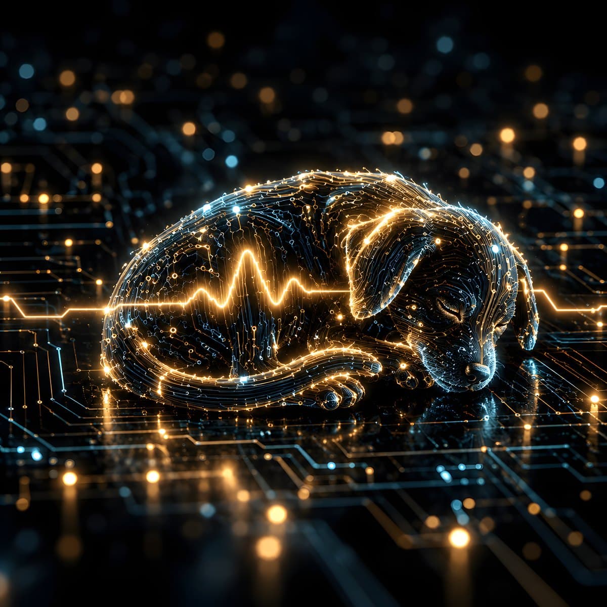 bios cover: a circuit-traced puppy asleep on a circuit board, an amber heartbeat line running through its body.