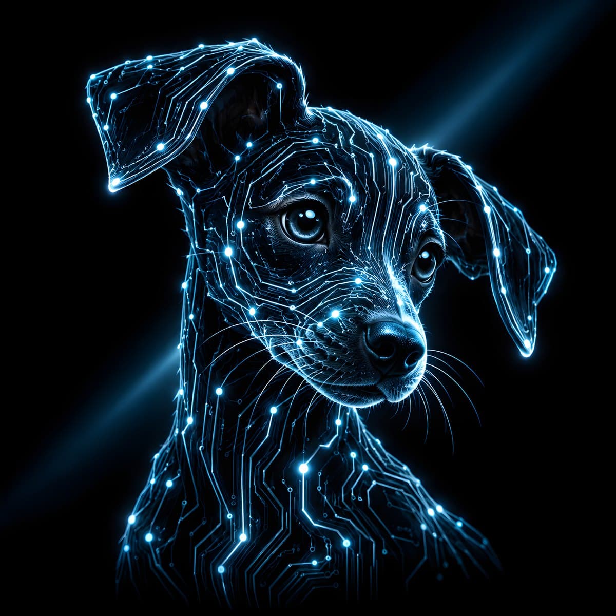 Deep Idle cover: a young dog drawn in glowing blue circuit traces and light nodes on a black void.
