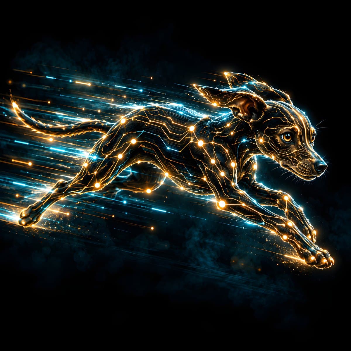 Throughput cover: a circuit-traced dog sprinting through amber and blue streaks of light.